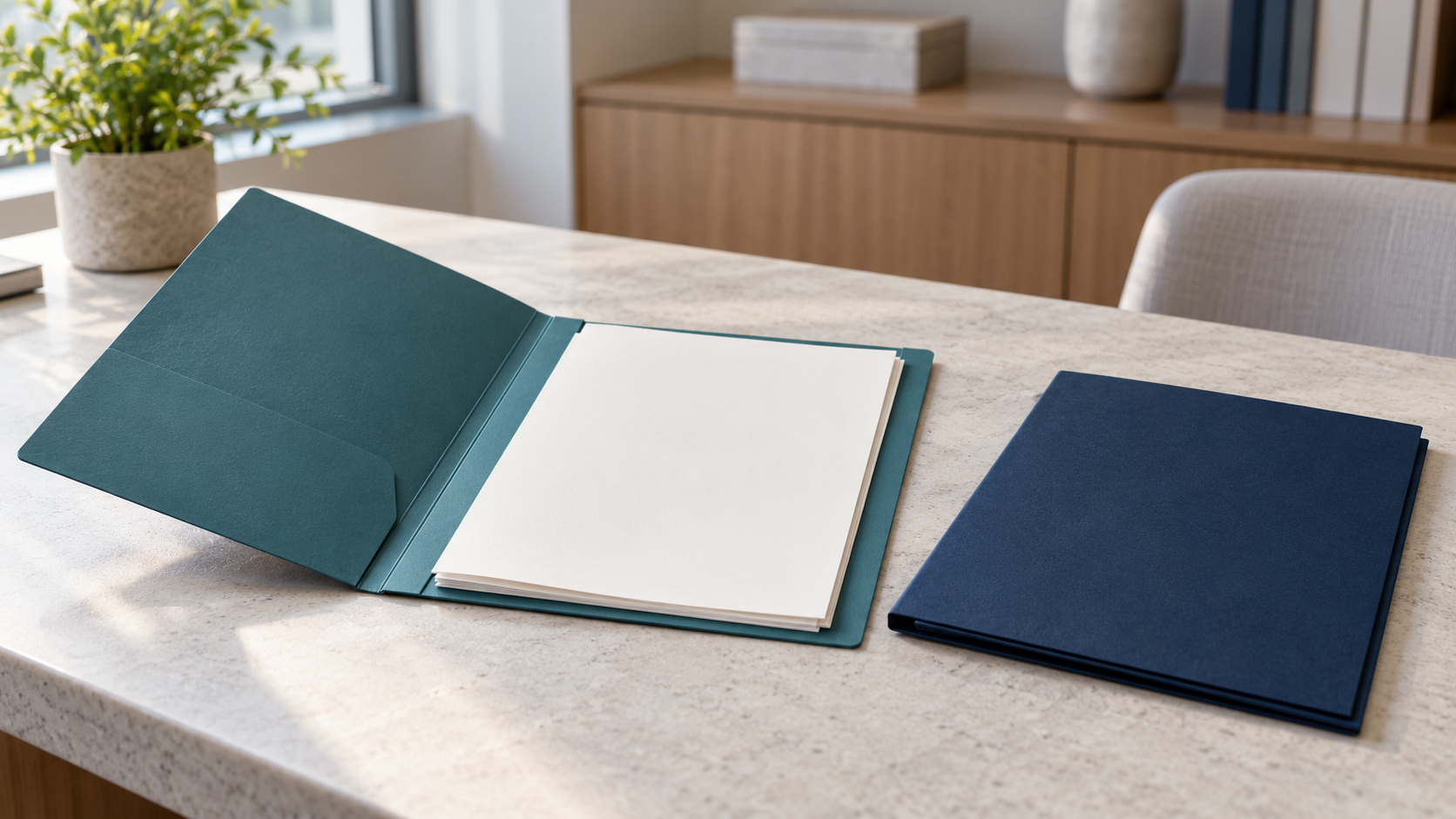 Open teal folder with blank sheets beside a separate closed navy folder on an administrative desk.