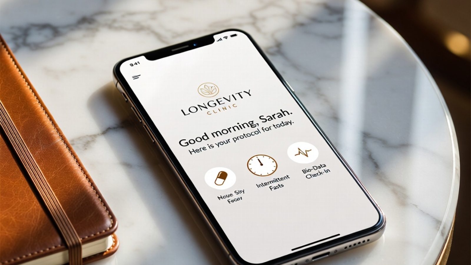 A premium smartphone displaying a custom-branded longevity clinic application interface resting on a luxurious marble desk.