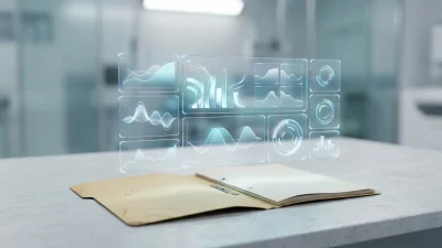 A sleek, modern holographic digital dashboard floating above a traditional manila medical file folder resting on a minimalist surface.