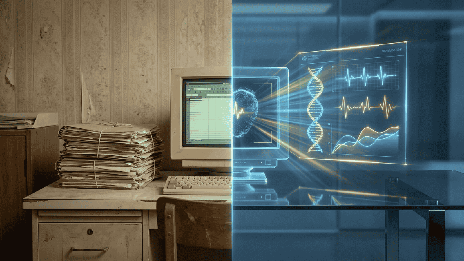 A split composition showing the evolution of medical data.