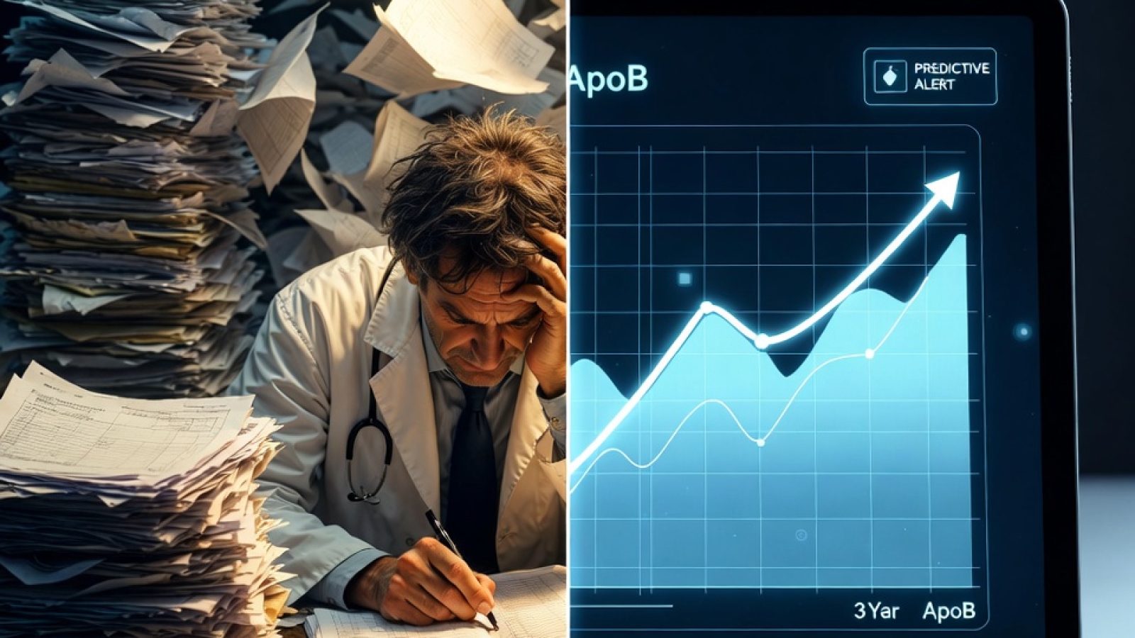 A split-screen comparison showing disorganized paper lab reports versus a modern digital dashboard with a biomarker trend graph showing ApoB levels over time.