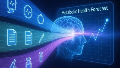 An illustration showing disparate data streams from wearables, clinical notes, and lab results converging into a central AI processor to generate predictive insights.