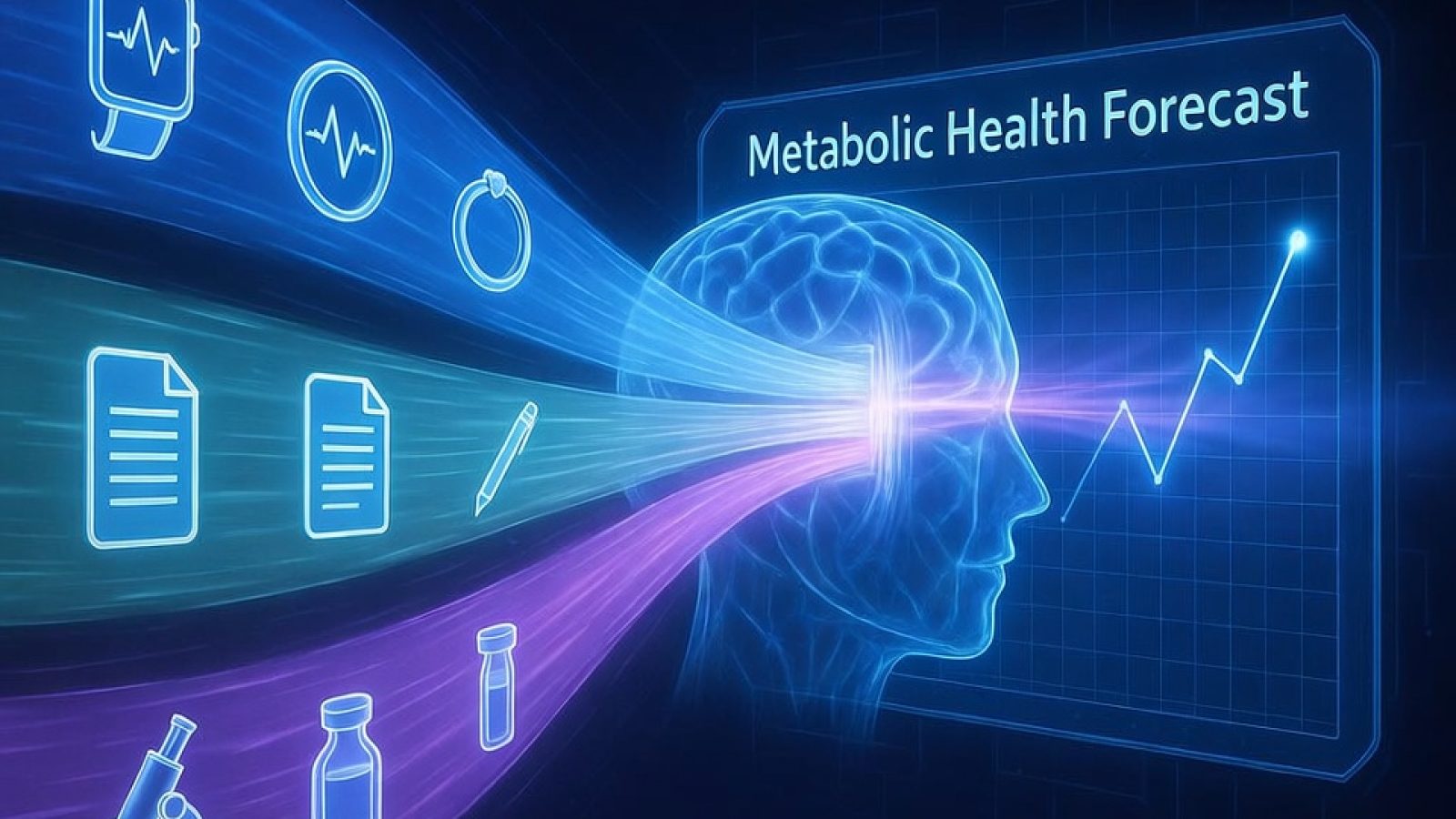 An illustration showing disparate data streams from wearables, clinical notes, and lab results converging into a central AI processor to generate predictive insights.