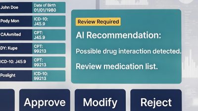 Clinician review screen mockup showing forced approval checkpoint with RED/YELLOW risk flags
