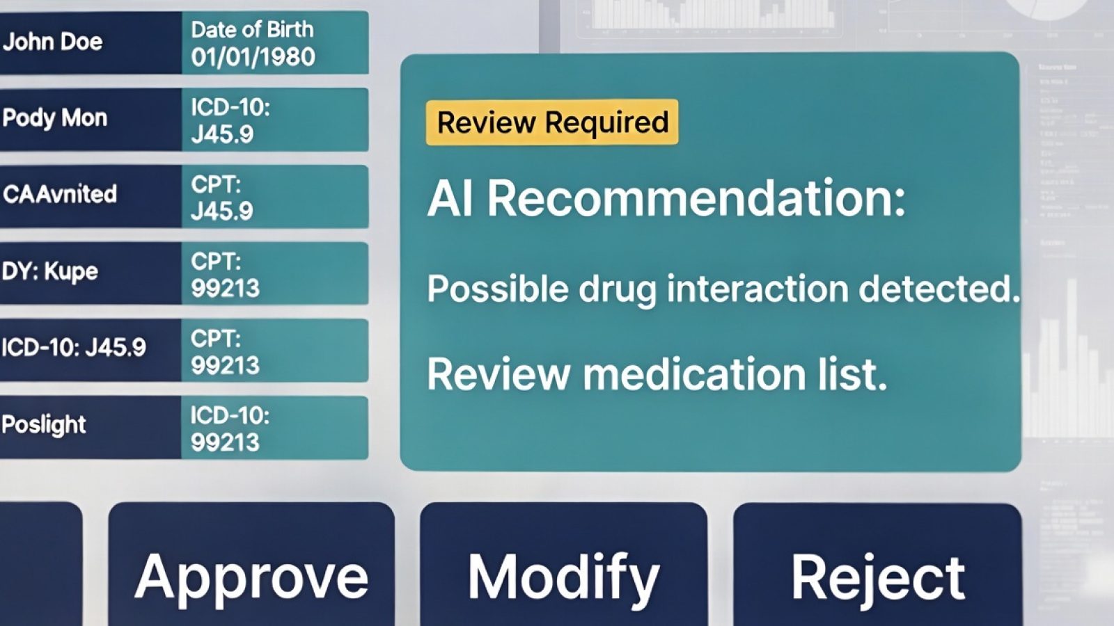 Clinician review screen mockup showing forced approval checkpoint with RED/YELLOW risk flags