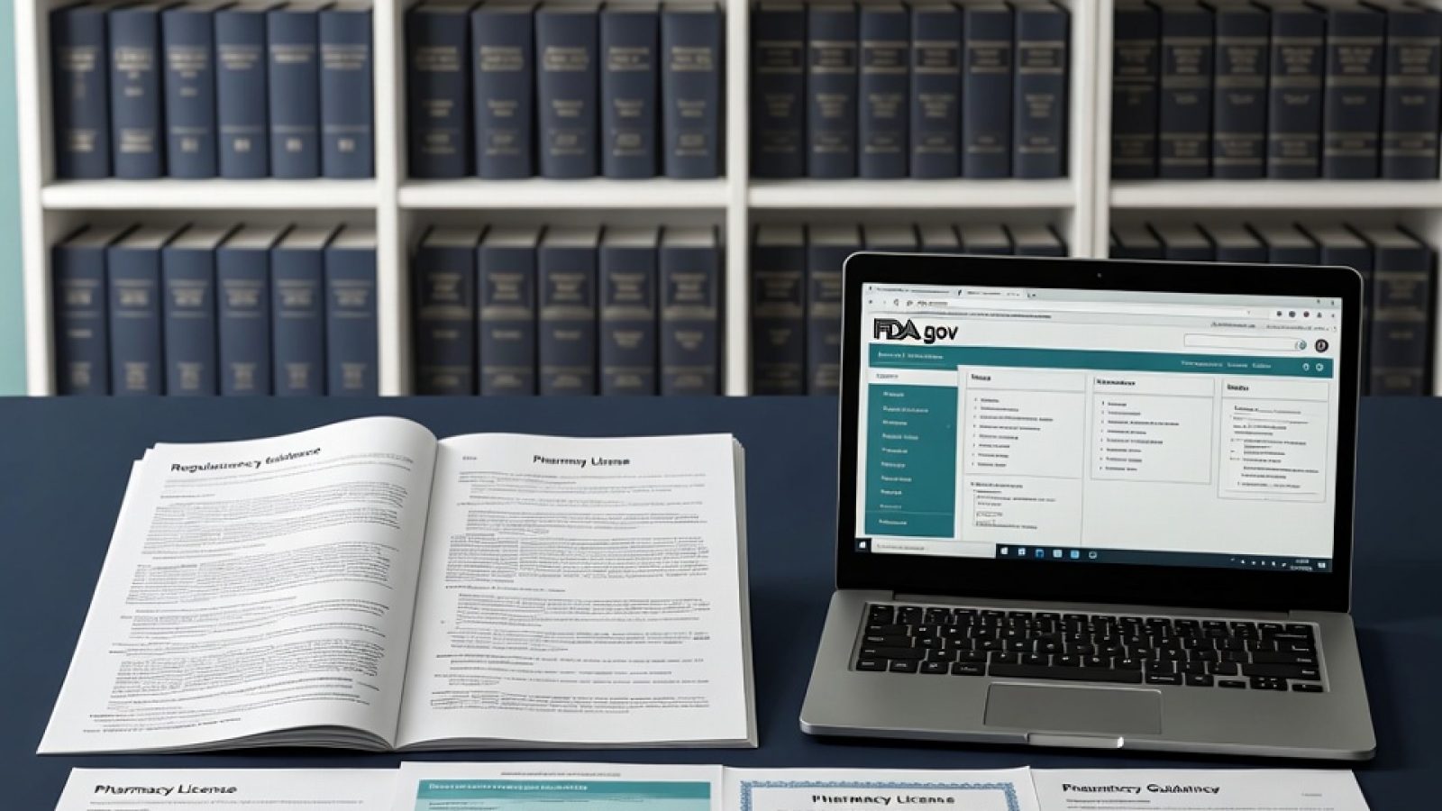 a conference room table with open regulatory guidance documents, pharmacy license certificates