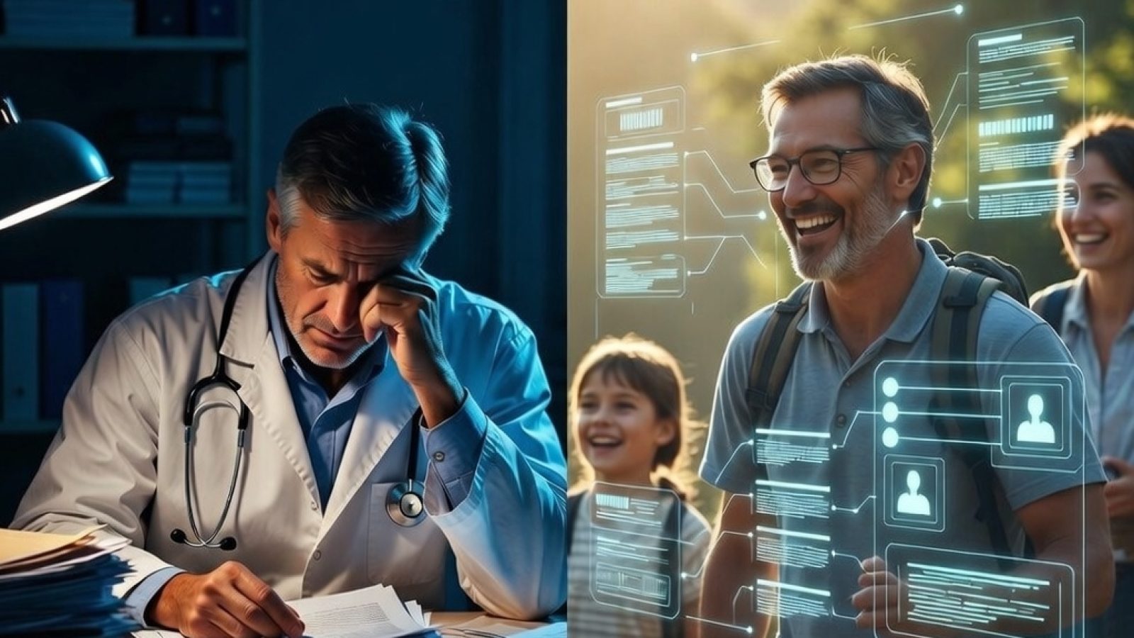A split composition. Left: A tired doctor buried in paperwork late at night. Right: The same doctor hiking or with family, while a stylized, glowing holographic interface processes patient data in the background.